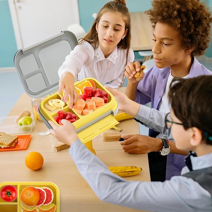 Prints Leak-Proof XL Lunch Box - Reusable 3-Compartment Containers Bento Box for meal Prepping;5-Cup Capacity for Adults & Ages 8+, BPA-Free, Dishwasher Safe (Yellow - Trucks)