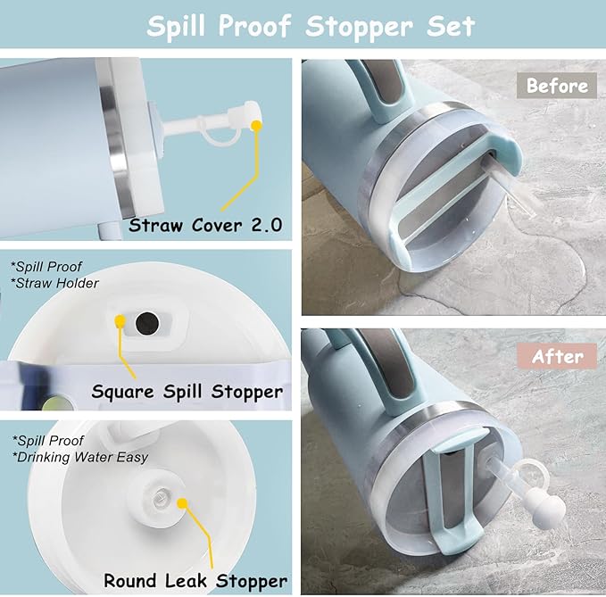 Stanley Cup Accessories Set,Including 2 Pcs 0.4in Straw Cover, 1 Silicone Spill-Proof Stopper Set of 3, 1 Cute Flower Handle Charm, 1 Silicone Boot Fits Stanley 40&30 Oz Tumbler (Blue)