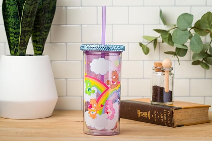 Silver Buffalo Care Bears Plastic Cold Cup with Rhinestone Lid and Straw Featuring Good Luck Bear, Love-a-Lot Bear, Friendship Bear, Tenderheart Bear, and Grumpy Bear, 20 Ounces