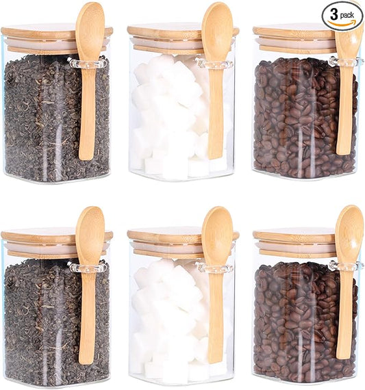 Glass Jar with Bamboo Lid and Spoon,Set of 6 Square 17 OZ Tea Containers for Loose Leaf Tea, Salt and Sugar Containers for Countertop, Yogurt Jars for Overnight Oatmeal