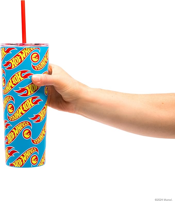 Dragon Glassware x Hot Wheels Insulated Tumbler with Lid and Straw - 24 oz Tumbler Cup with 2 Straws - Stainless Steel Tumbler with Straw for Water, Iced Tea - Travel Coffee Tumbler - Race Team