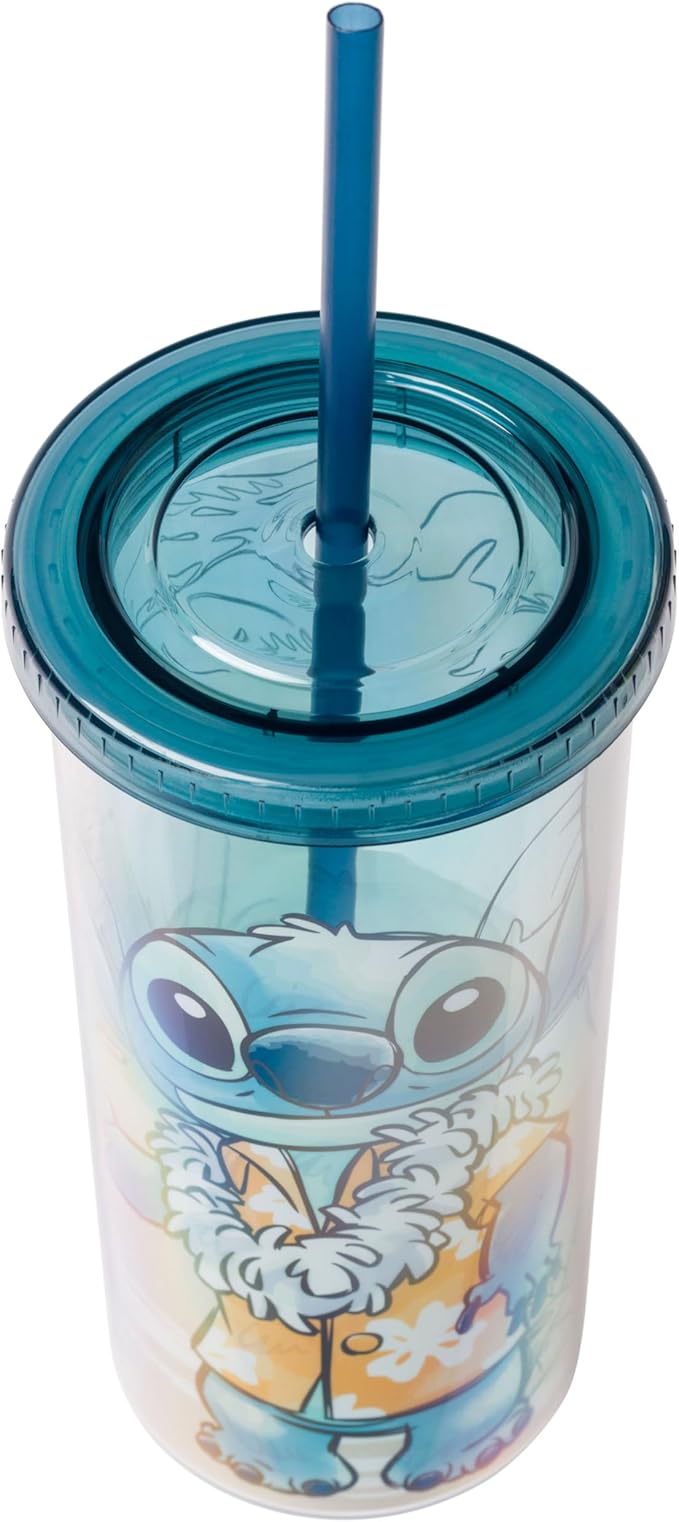 Silver Buffalo Disney Lilo and Stitch Island Stitch Plastic Tall Cold Cup with Lid and Straw, 20 Ounces