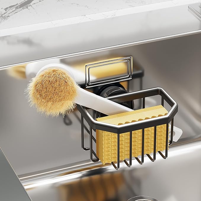 TAILI Sponge Holder with Strong Suction Cup, Dish Sponge Caddy Inside Sink Removable, Rustproof Aluminum for Sponges, Brushes, Stoppers and Scrapers - Black