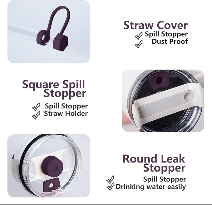 Silicone Spill Stopper Set Compatible with Stanley Cup 2.0 30oz & 40oz with Straw Cover (Set of 2, Plum)