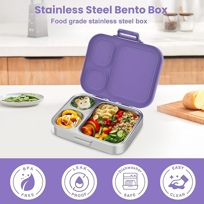 Stainless Steel Bento Lunch Box for Kids | 3-Compartment Lunch Box Container Kids | 100% Leakproof, Eco-Friendly, Perfect Portion Control for Kids&Adult Healthy Meals (Purple)