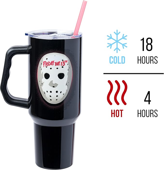 Silver Buffalo Friday The 13th Stainless Steel Tumbler with Handle Featuring Jason Voorhees’s Mask, Fits in Standard Cup Holder, 40 Ounces