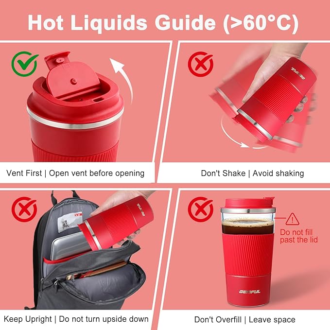 GEMFUL Travel Coffee Mug Insulated To Go Coffee Mug Tumbler with Lid Portable Stainless Steel Reusable Leak Proof Coffee Cups for Women Hot Cold Drinks 17oz (Red)