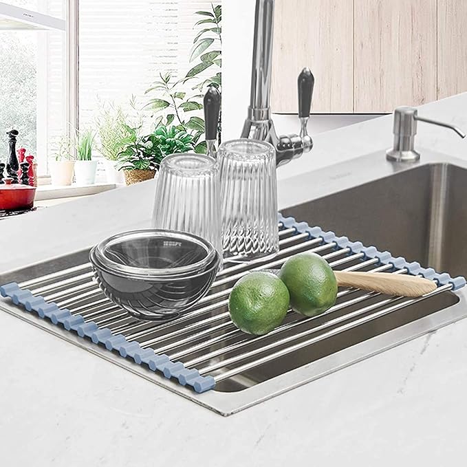 Roll Up Dish Drying Rack Over Sink Over The Sink Dish Drying Rack Kitchen Dish Drainer, Folding Dish Rack for Kitchen Sink Counter Stainless Steel Mat Foldable Dish Dryer Racks 17.5" x 13.7"