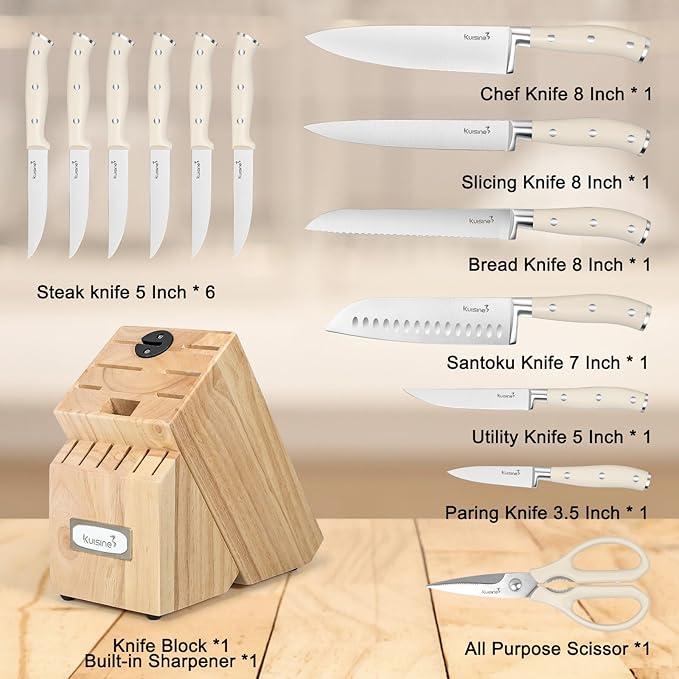 Kuisine Premium Sharp Knife Set,High Carbon Stainless Steel Ergonomic Handle,Knife Block Set with Built-in Sharpener(15PCS,Ivory)
