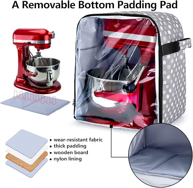 Luxja Dust Cover Compatible with 6-8 Quart KitchenAid Mixers (with a Bottom Padding Pad), Dust Cover (Clear Front Panel) for Stand Mixers and Extra Accessories, Gray Dots(Patented Design)