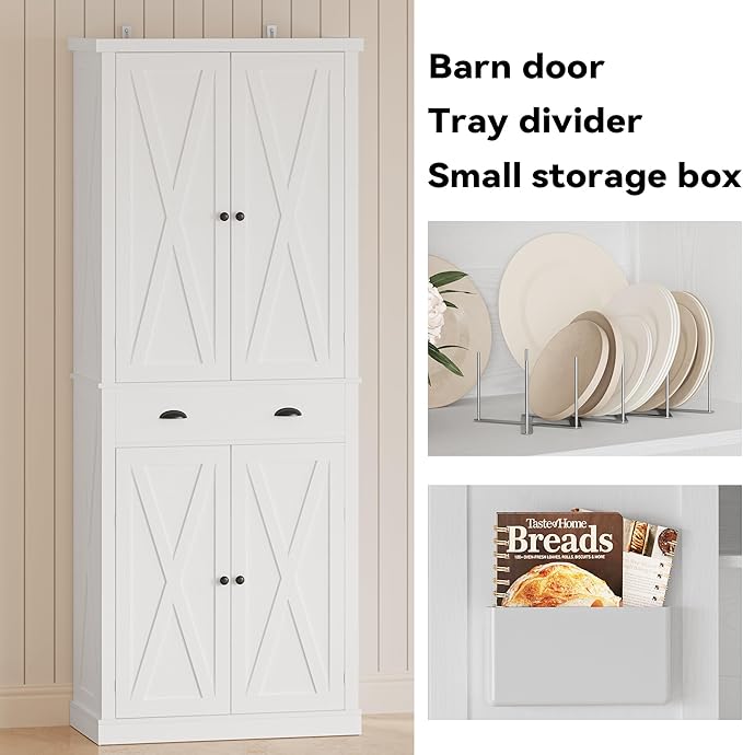 IRONCK Kitchen Pantry Storage Cabinet 83.9" H, with Barn Doors, Drawer, 4 Adjustable Shelves, Freestanding Cupboard for Dining Room Living Room, Laundry, White