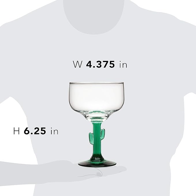 Libbey Cactus Margarita Glasses Set of 4, Durable Green Stemmed Cocktail Glasses, Lead-Free Cactus Glassware, Unique Plant Themed Frozen Margarita Glasses, 16-Ounce