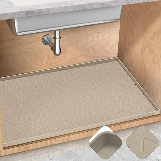 TRZZ Silicone Waterproof Under Sink Mat 34" x 22", Drip Tray and Cabinet Liner for Kitchen and Bathroom, Prevents Water Damage and Organizes Cabinets (Khaki)