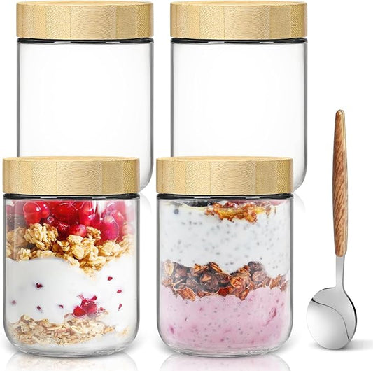Overnight Oats Containers with Lids,16oz Wide Mouth Glass Mason Jars with Bamboo Lid,Overnight Oats Jars with Spoons,Meal Prep Jar with Airtight Lid for Yogurt,Chia Pudding,Snacks,Salad,Spice 4pack