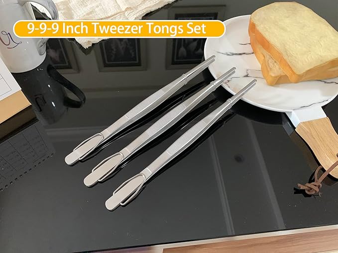 JETKONG Serving Tweezer Tongs 9-Inch Cooking Tweezers Kitchen Tweezers, Set of 3 (9 9 9 Inch, Silver)