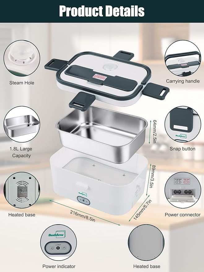 Buddew Electric Lunch Box for Adults, 80W Heated Lunch Box 1.8L Stainless Steel Portable Food Warmer,12/24/110V Lonchera Electrica Portatil for Travel & Work, Loncheras para Hombres de Trabajo(Gray)