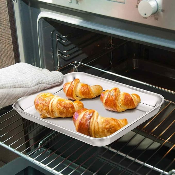 TeamFar Toaster Oven Pans, 9.3'' x 7'' x 1'' Stainless Steel Compact Toaster Oven Tray Ovenware, Healthy & Heavy Duty, Roll Edge & Mirror Finish, Easy Clean & Dishwasher Safe-2 PCS