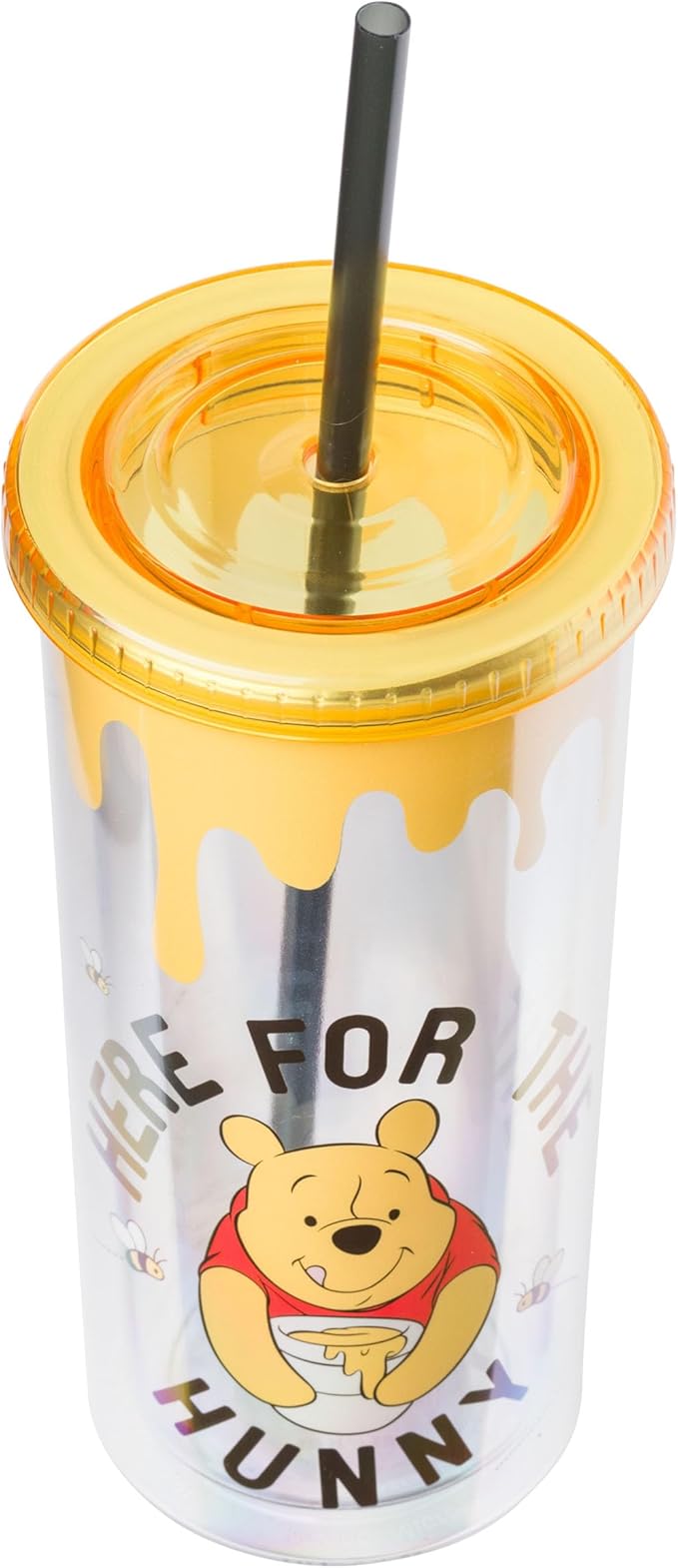 Silver Buffalo Winnie the Pooh Here for Hunny Plastic Tall Cold Cup with Lid and Straw, 20 Ounces