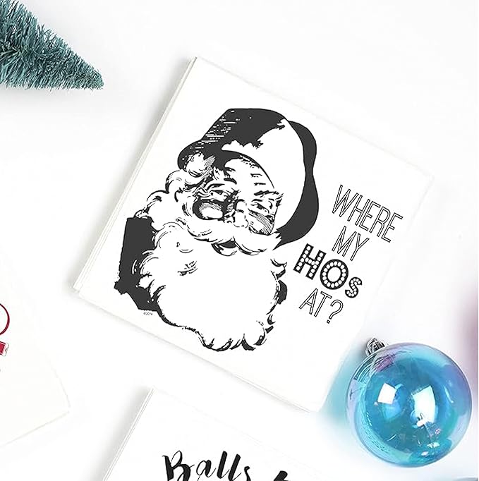 Twisted Wares Funny Christmas Cocktail Napkins – “WHERE MY HOs AT” – 3-Ply Holiday Beverage Napkins for Parties, Décor & Gifting – 5”x5” (20-Pack)