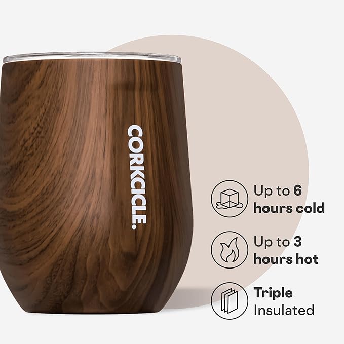 Corkcicle Stemless Insulated Wine Glass Tumbler - Keeps Beverages Cold 6 Hrs Hot 3 Hrs - Stainless Steel - Easy-Grip - Summer Drinkware Gift - Keeps Drinks Ice Cold - 12 oz - Walnut Wood