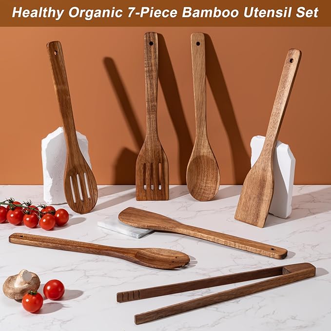 Wooden Spoons for Cooking 7-Piece, Kitchen Nonstick Wood Cooking Utensils Set, Durability Wooden Spatula Spoon for Everyday Use, Brown
