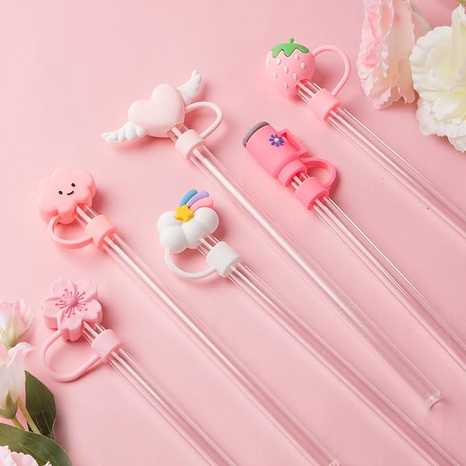 6Pcs Pink Cue Straw Cover Cap for Stanley Cup 40 30oz Tumbler, 10mm Reusable Cute Drinking Straw Topper Accessories, Portable Protector Plugs Decorations Gifts for Party