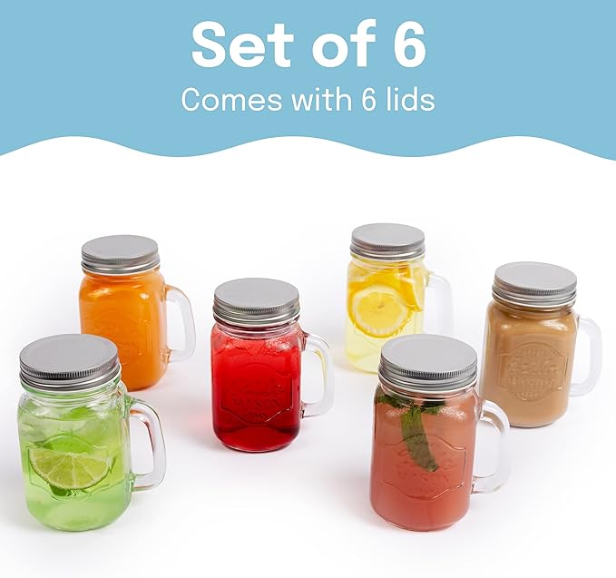 Estilo Mason Jar, 16 oz, Set of 6, Glass Drinking Cups with Handles, Tin Lids, Overnight Oats Jars, Smoothie Cups