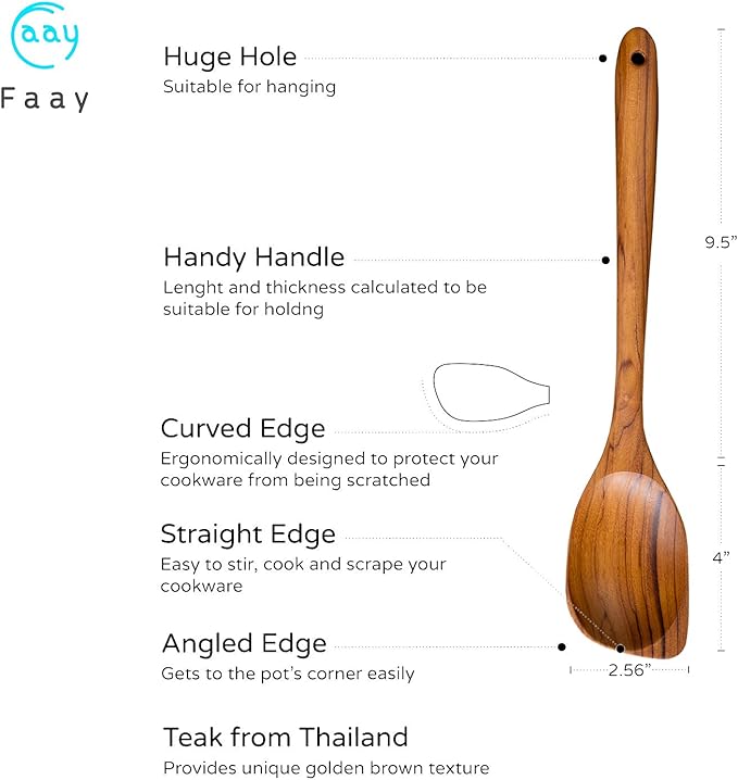 FAAY 13.5” Left-Handed Corner Wooden Spoon – Angled Teak Cooking Utensil for Left-Hand Use, Ergonomic Scraper & Stirring Spoon, Handcrafted Thai Teak, Safe for Nonstick Cookware