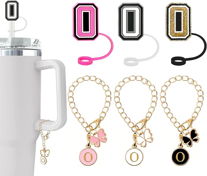 （3 +3) Nuozme Straw Cover Compatible with Stanley Tumbler Cup 3PCS Letter Straw Caps Toppers with 3 Initial Butterfly Charms Name ID For Stanley 30&40 Oz Cup