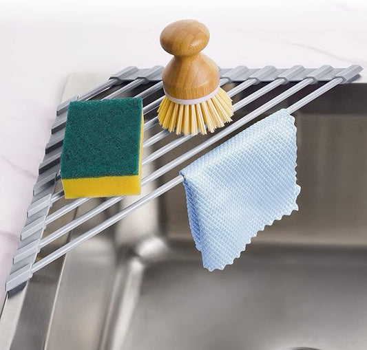 Tomorotec Triangle Roll-Up Dish Drying Rack - Small Foldable Silicone Coated for Sink Corner, Stainless Steel Over Sink Organizer, Drainer Caddy for Multipurpose Kitchen Storage (Gray)