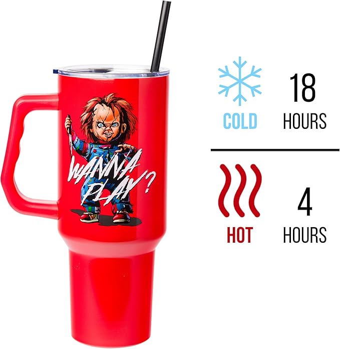 Silver Buffalo Chucky Wanna Play Stainless Steel Tumbler with Handle and Straw, Fits in Standard Cup Holder, 40 Ounces