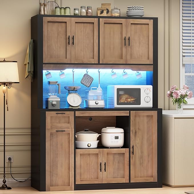 Itaar 71" Pantry Cabinet with Charging Station and LED Light, Kitchen Pantry Cabinet with Microwave Stand, 47.2" Wide Kitchen Storage Cabinets with Storage Cart 3 Tier for Dining Room (Brown)