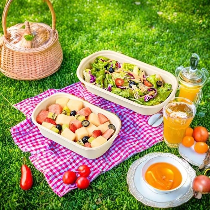 Aksipo 50 Pack 29 Oz Disposable Meal Prep Containers with Lids, Rectangle Paper Bowls with Lids for Salad,Leftovers, Leak-proof To Go Box Cardboard Lunch Box Compostable Take Out Food Containers