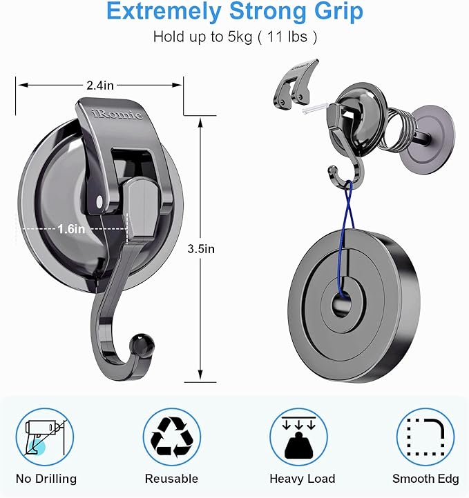 Heavy Duty Vacuum Suction Cup Hooks (2Pack) for Shower,Glass Window,Kitchen&Bathroom&Restroom Organization，Gun Silver.