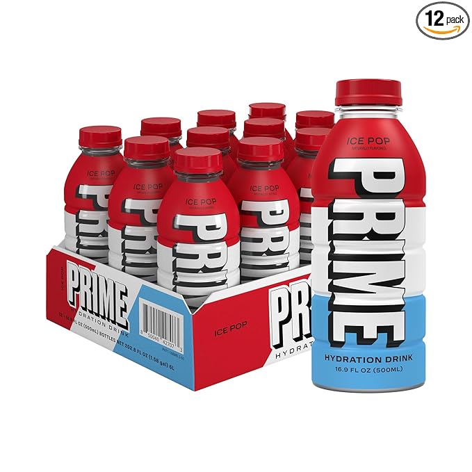 PRIME Hydration ICE POP, Sports Drinks, Electrolyte Enhanced for Replenishing Fluids, 250mg BCAAs, B Vitamins, Antioxidants, Low Sugar, 16.9 Fl Oz, 12 Pack