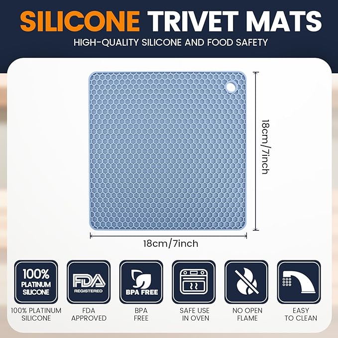 Silicone Trivet Mats 4 Heat Resistant Pot Holders Multipurpose Non-Slip Hot Pads for Kitchen Potholders, Drying mat, Jar Opener, Spoon Holder, Coaster.(Blue)