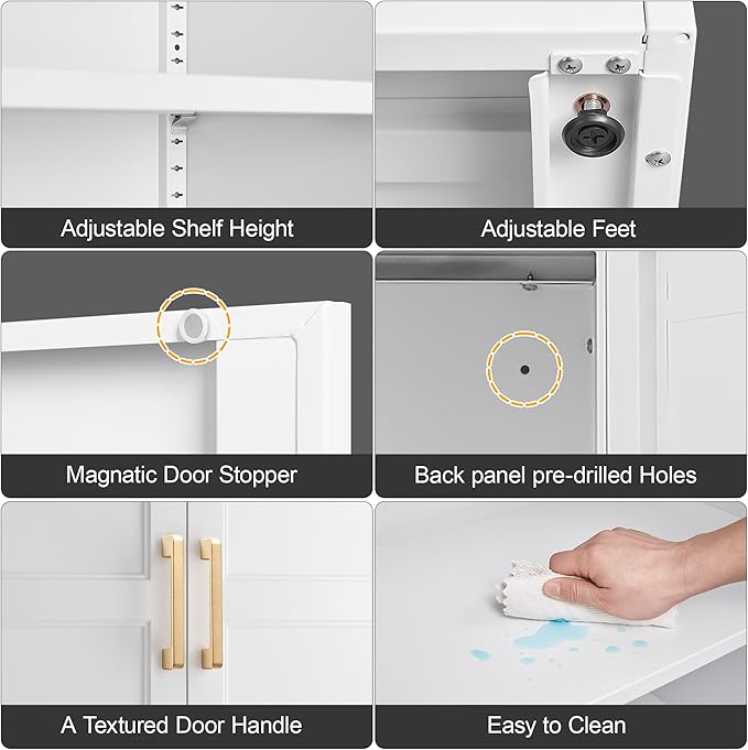 60" Tall Kitchen Pantry Storage Cabinet with Doors and 3 Shelves, Metal Storage Cabinets, White Kitchen Cupboard with Gold Handles, Utility Large Food Cabinet for Pantry, Living Room, Dining