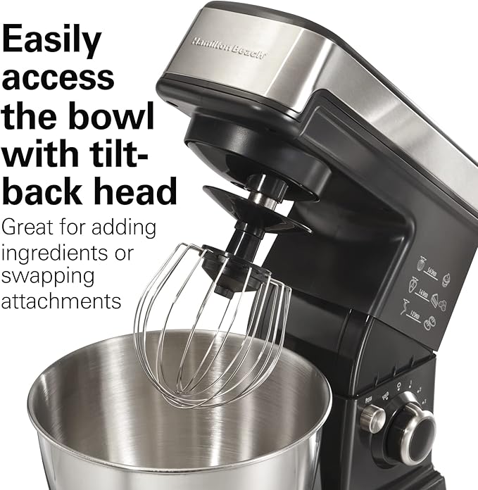 Hamilton Beach 6 Speed Electric Stand Mixer with Stainless Steel 3.5 Quart Bowl, Planetary Mixing, Tilt-Up Head, 300W Motor, Black (63326)