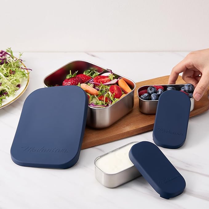 Flexibento - Leak proof Stainless Steel Lunch Box | Lunch Containers with Lids | Steel Bento Box | Meal prep| Snack Containers |Metal lunch Box (Midnight -3PC set (1 * 27 oz + 2 * 6.5oz))