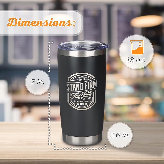 Christian Art Gifts Large Stainless Steel Inspirational Travel Mug Tumbler for Men & Women: Stand Firm Encouraging Bible Verse, Double Wall Vacuum Insulated w/Lid, Hot/Cold Beverage, Black, 18 oz.