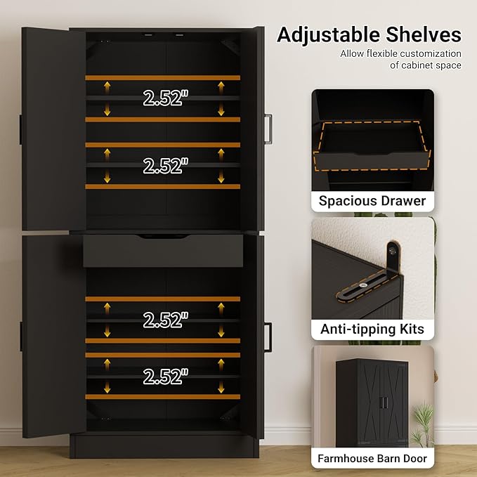 Unikito Kitchen Pantry Cabinet with Farmhouse Barn Doors and Storage Drawer, 8 Adjustable Shelves, Freestanding Tall 71" Cupboard for Dining Room, Living Room, Utility Room, Black 2 Pack