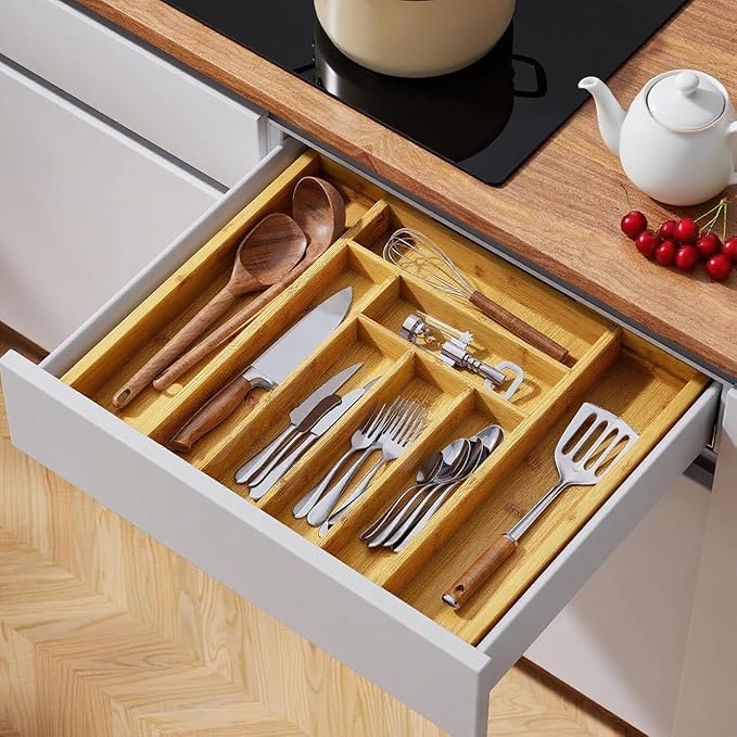 QUEENKAY Bamboo Expandable Drawer Organizer for Utensils Holder, Wood Drawer Dividers for Silverware, Flatware, Knives in Kitchen, Bedroom, Living Room