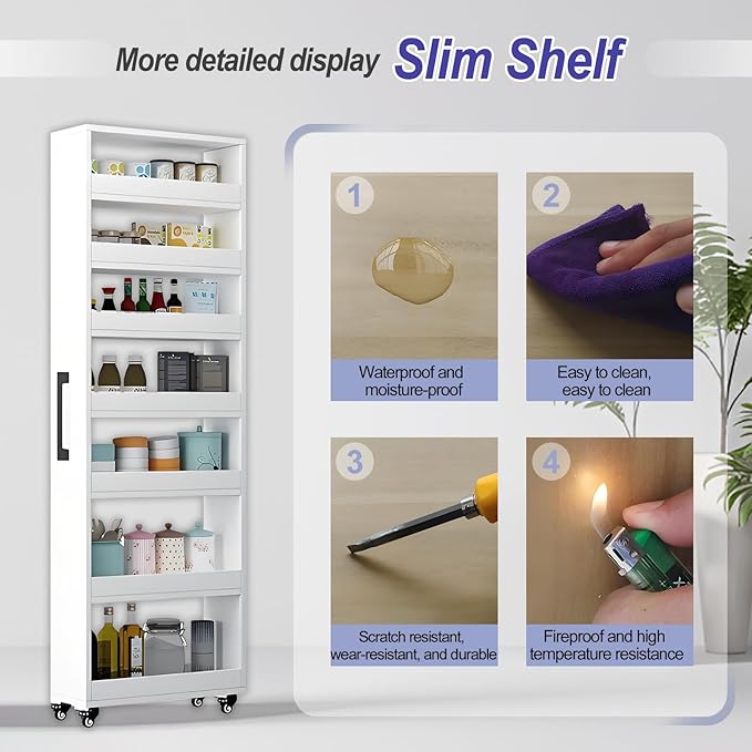7-Tier Slim Storage Cart, Wooden Rolling Pantry Cabinet with Wheels, Narrow Shelf Organizer for Kitchen, Bakers Rack, Dining Room, Closet, Small Spaces Gray 73.2''H*5.9''W*23.6''D