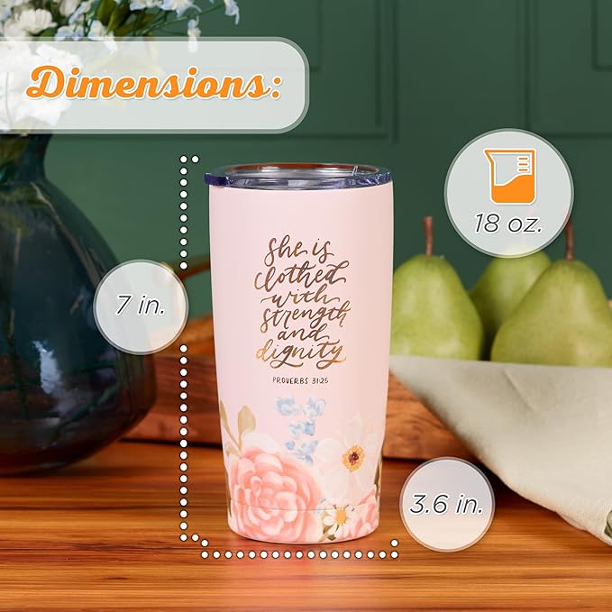 Christian Art Gifts Large Stainless Steel Inspirational Travel Mug Tumbler for Women: Strength & Dignity Scripture, Sturdy Vacuum Insulated, Hot/Cold, Retractable Lid, Pink Multicolor Floral, 18 oz.