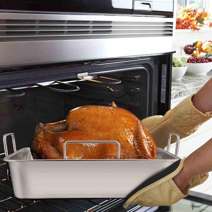 TeamFar Stainless Steel Roasting Pan, 16 Inch Large Turkey Roaster Lasagna Pan with V Rack & Cooling Rack Set for Roasting, Baking, Healthy & Heavy Duty, Deep Side & Dishwasher Safe - 3 PCS
