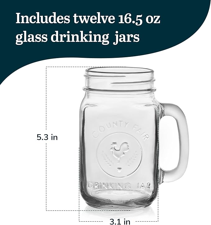Libbey County Fair Glass Drinking Jars, 16.5-ounce, Set of 12