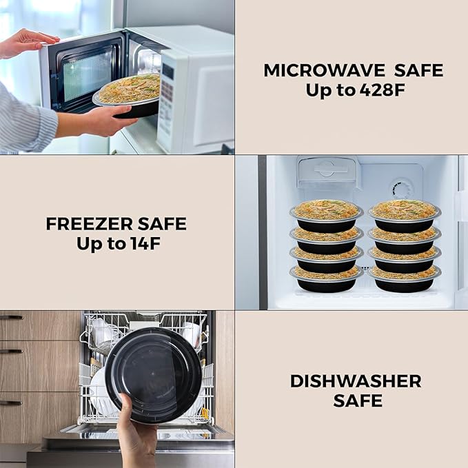 Klex 32 Oz, 150 Sets Meal Prep Containers with Airtight Lids, BPA Free, Reusable Plastic Food Container, 32 oz, Round, Black/Clear, 150 Sets