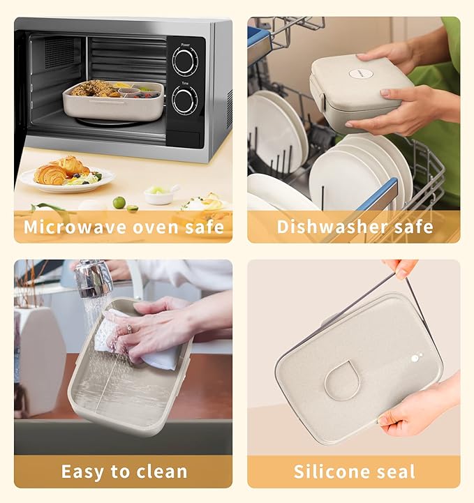 Bento Lunch Box, 5 Compartments Lunch Container for Kids/Adults with Snack cup, Wheat Fiber Eco-Friendly Double Insulated Boxes, Dishwasher and Microwave Safe, BPA-Free (White)