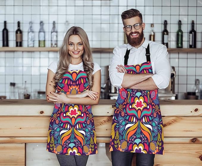 EKOBLA Vintage Flower Aprons Decorative Paisley Colorful Floral Pattern Bright Ornament Waterproof Resistant Chef Cooking Kitchen BBQ Adjustable Aprons for Women Men 27x31 Inch