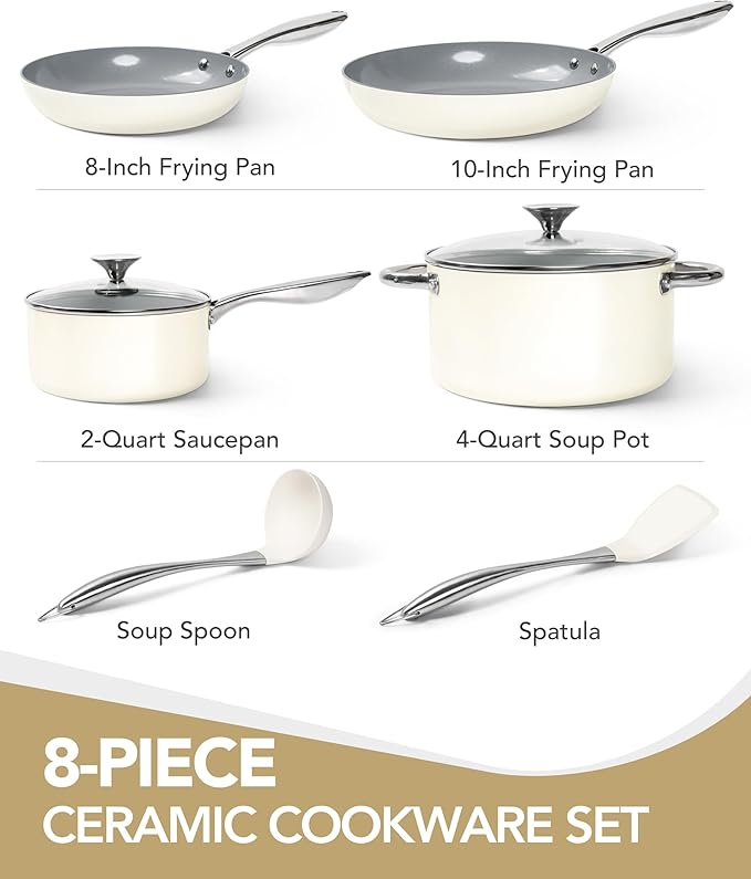 MICHELANGELO Ceramic Pots and Pans Set Non Stick - 8 Pcs Ceramic Cookware Set Non Toxic, Healthy Cooking Set with Ergonomic Handle, Oven Safe & Compatible with All Stovetops - Cream